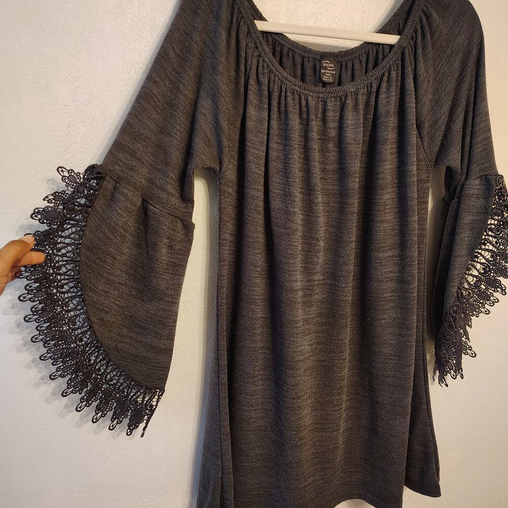 WinWin Boho Tunic Top Lace Bell Sleeve Charcoal Gray L XL Oversized